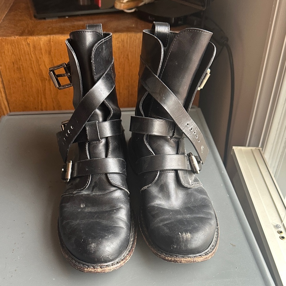 Rag & Bone Black Leather Buckle Boots—indie sleaze era